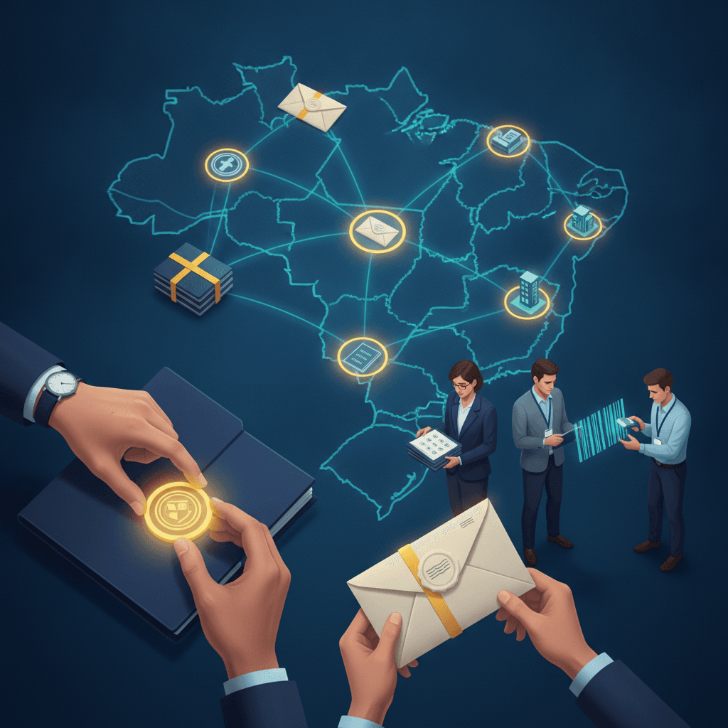 Ilustração editorial de mapa do Brasil com rede de certificadores, selos, envelopes lacrados e profissionais verificando materiais.