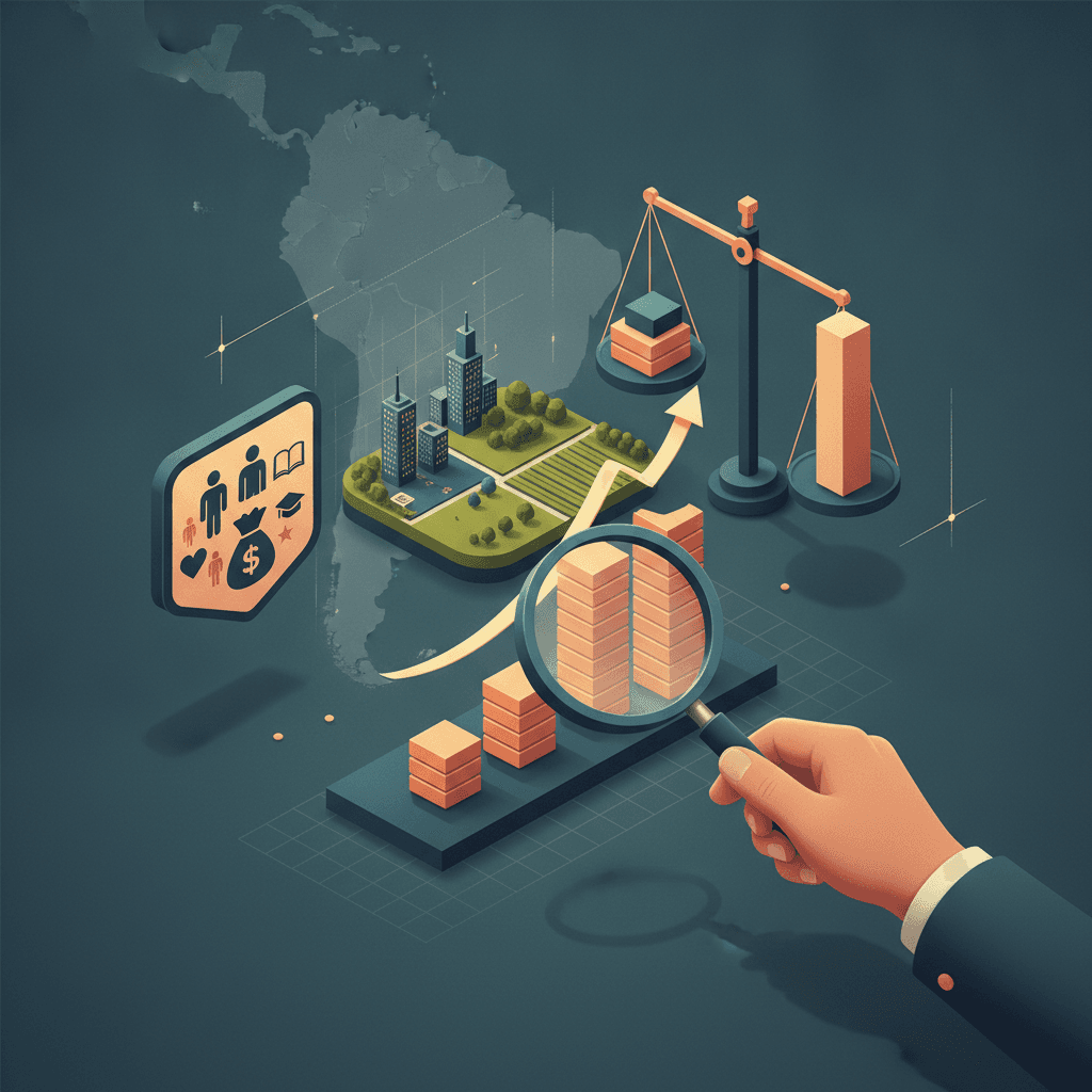 Ilustração editorial com gráficos, silhuetas humanas e balança de blocos representando IDH, PIB e Gini.