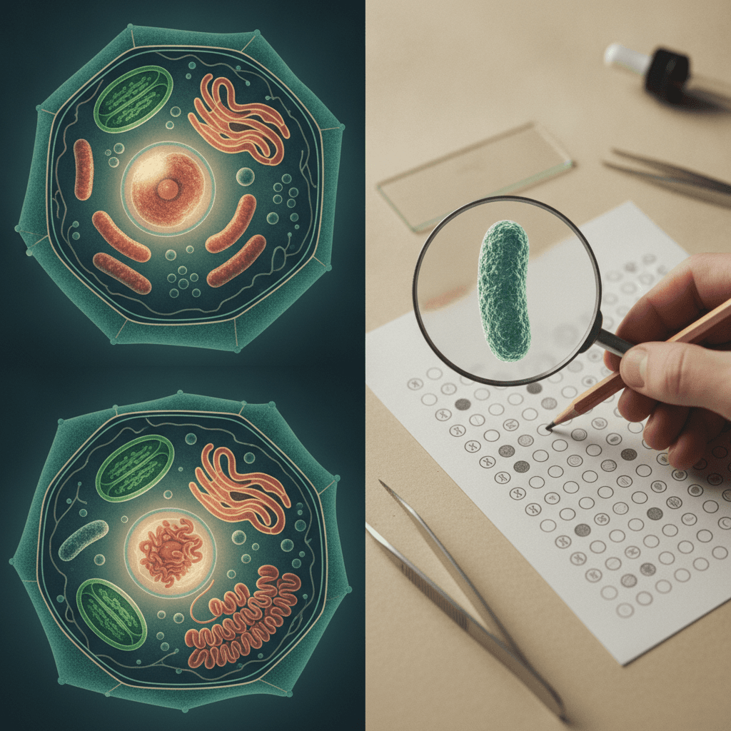 Ilustração editorial mostrando cortes de célula animal e vegetal com organelas distintas; à direita, mão marcando folha de prova com lupa e microscópio ao fundo.