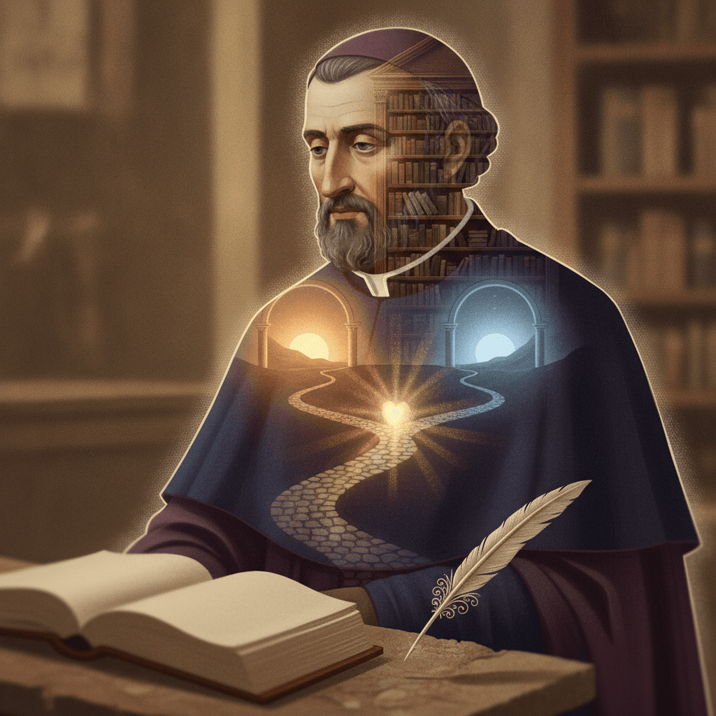 Ilustração editorial de Santo Agostinho em silhueta contemplativa com paisagem interior, livro aberto e caminhos divergentes simbolizando livre‑arbítrio e interioridade.