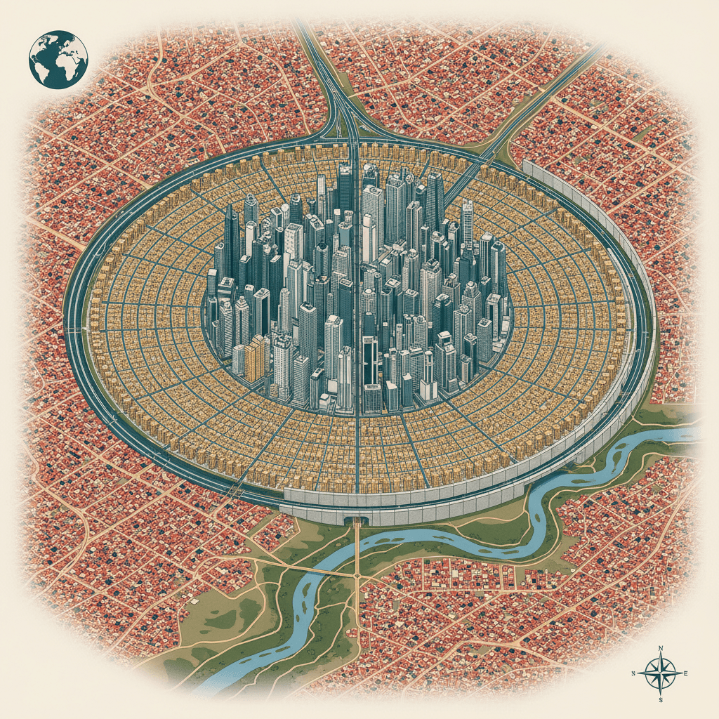 Ilustração isométrica de mapa urbano mostrando núcleo metropolitano, anéis de bairros e periferias informais com linhas de transporte e barreiras de segregação.