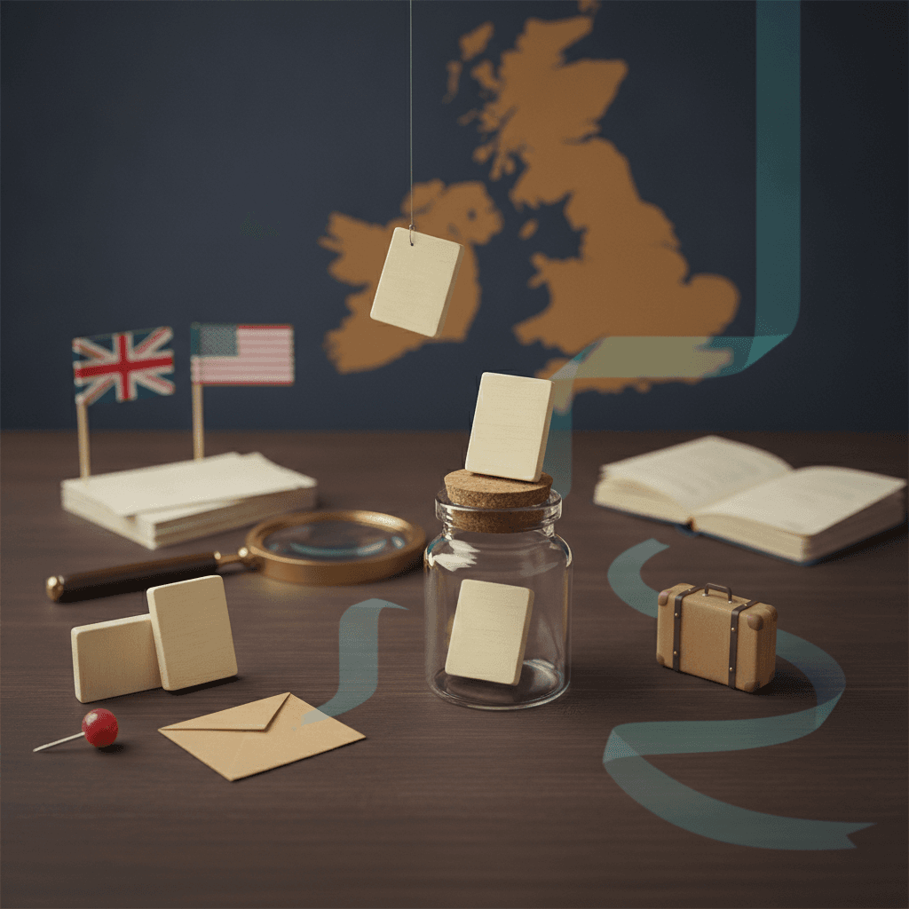 Ilustração editorial close-up de fichas idênticas em posições diferentes (dentro, sobre, ao lado, acima) com itens de inglês (bandeiras, dicionário, lupa) mostrando como preposições mudam o sentido.