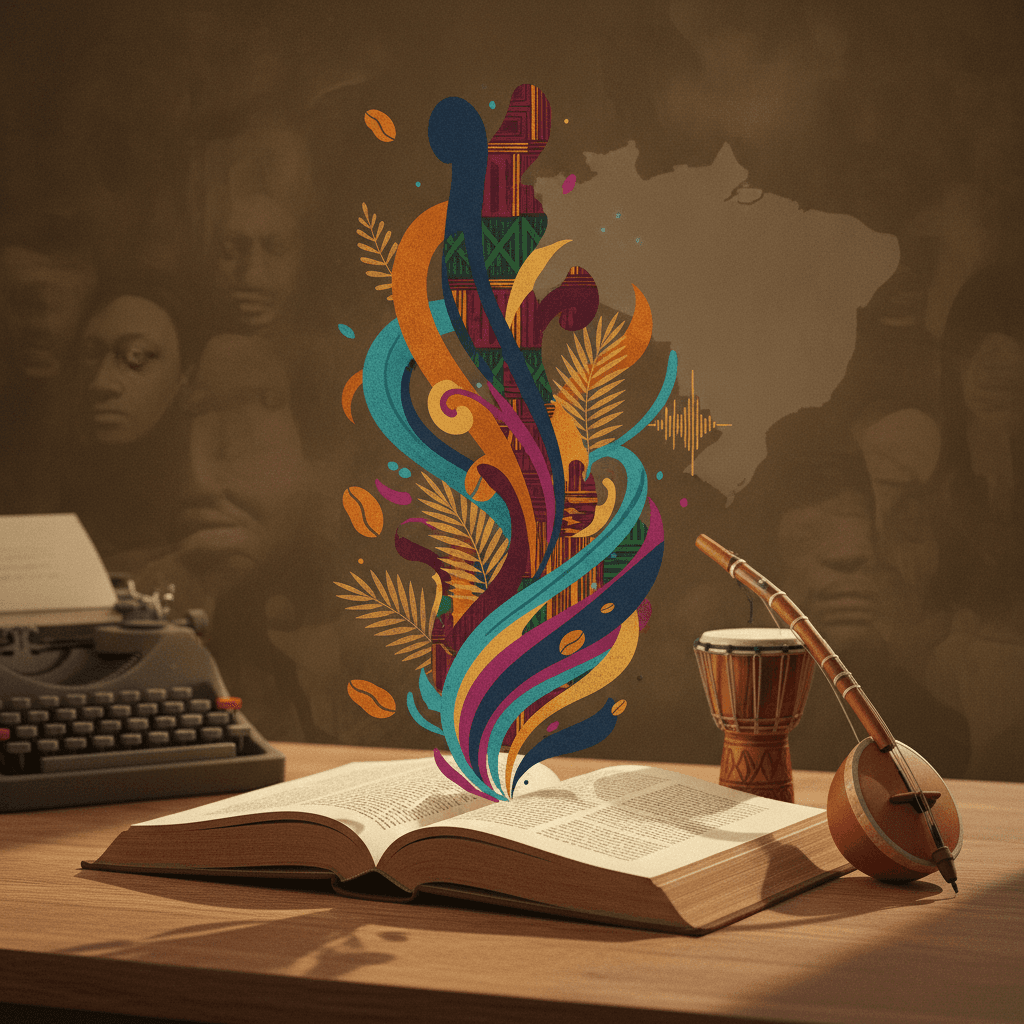 Ilustração editorial de livro aberto com linhas abstratas representando voz, tecido afro-brasileiro, berimbau e atabaque sobre mesa, mapa do Brasil ao fundo.