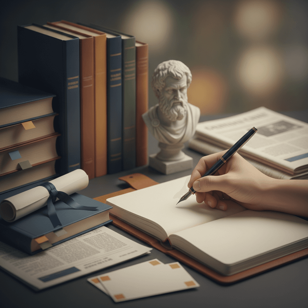 Mão escrevendo à caneta em caderno aberto com livros clássicos, busto e jornal ao fundo, simbolizando repertório de autoridade para redação.