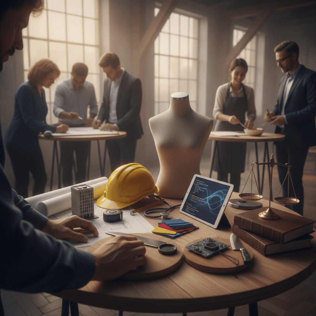 Oficina prática de exploração de carreira com pessoas testando estações de cursos curtos (engenharia, saúde, tecnologia, design, culinária) ao redor de uma mesa central.