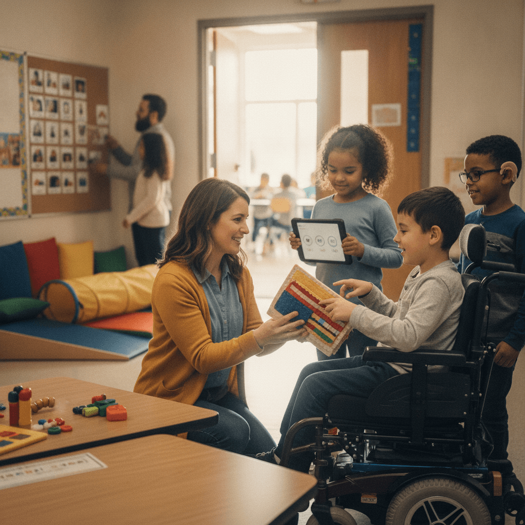Profissional de educação especial atende estudantes diversos em sala acessível, usando materiais táteis e tecnologia assistiva.