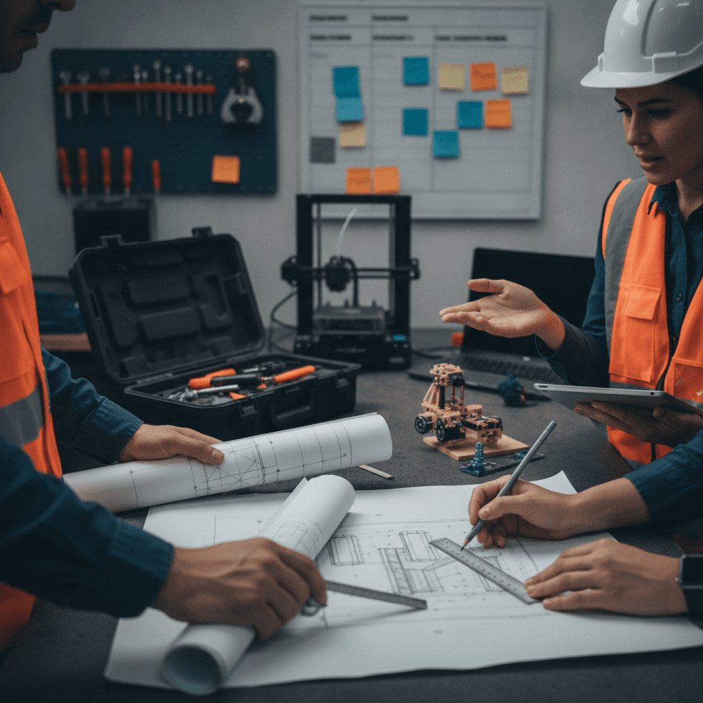 Equipe de engenharia em oficina: mãos com plantas e esboços, protótipo e quadro com post-its, evidenciando competências práticas e colaboração.