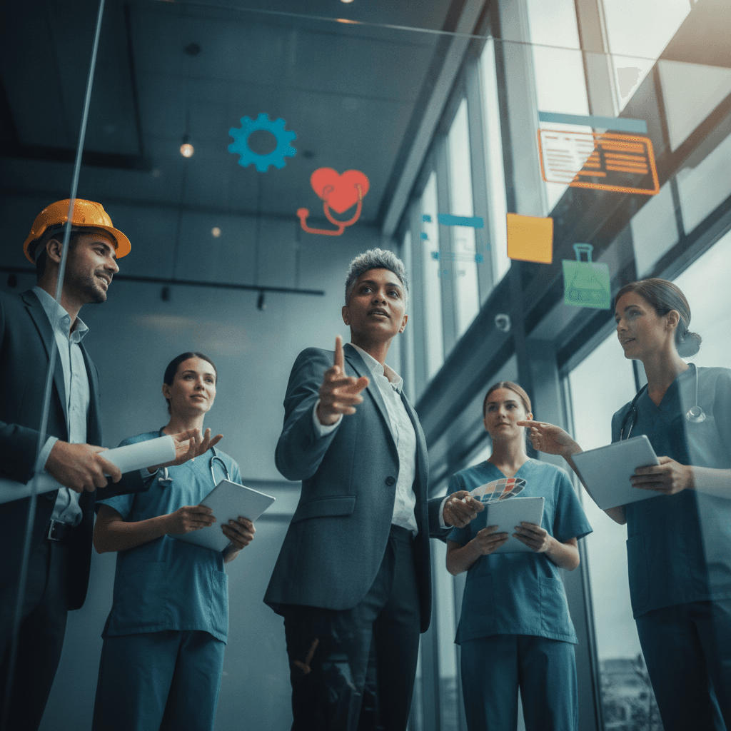 Gestor em pé diante de um quadro kanban de vidro, cercado por profissionais de diversas áreas (engenharia, saúde, design, tecnologia), indicando transição de carreira.