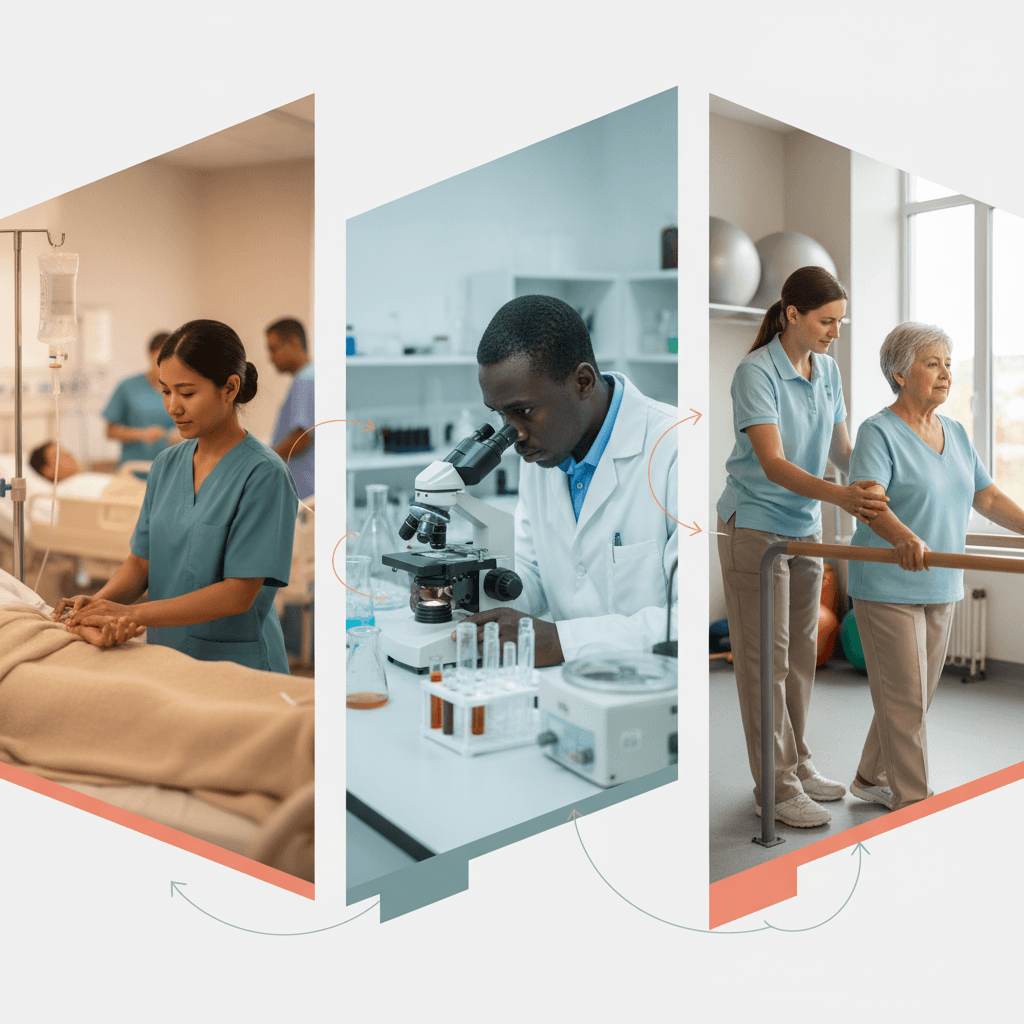 Três cenas conectadas mostrando profissionais de saúde em ação: enfermeira em enfermaria, técnico de laboratório ao microscópio e fisioterapeuta orientando paciente, com linhas sutis tipo mapa.