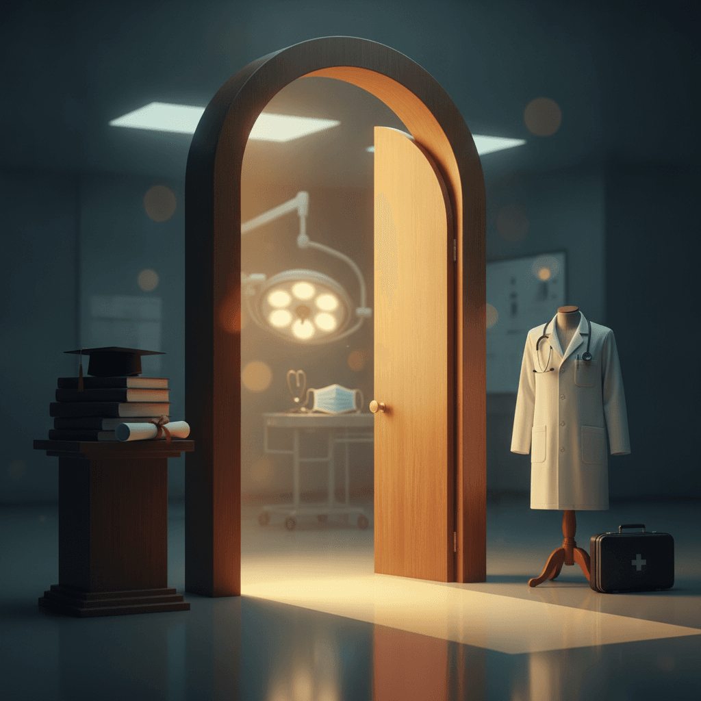 Ilustração editorial de uma porta iluminada simbolizando o Enamed como porta única para a medicina, com livros e capelo à esquerda, símbolos de residência ao fundo e jaleco com estetoscópio à direita.
