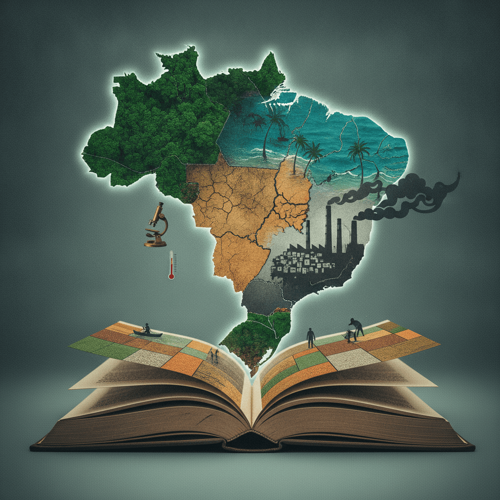 Livro cujas páginas viram o mapa do Brasil mostrando floresta, enchente, cerrado rachado, favelas e fábricas para ilustrar crise climática, ciência e desigualdade.