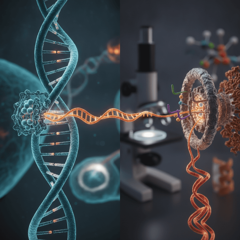 Ilustração editorial mostrando transcrição no núcleo (DNA e RNA polimerase) à esquerda e tradução no citoplasma (ribossoma formando cadeia polipeptídica) à direita, com instrumentos de laboratório desfocados.