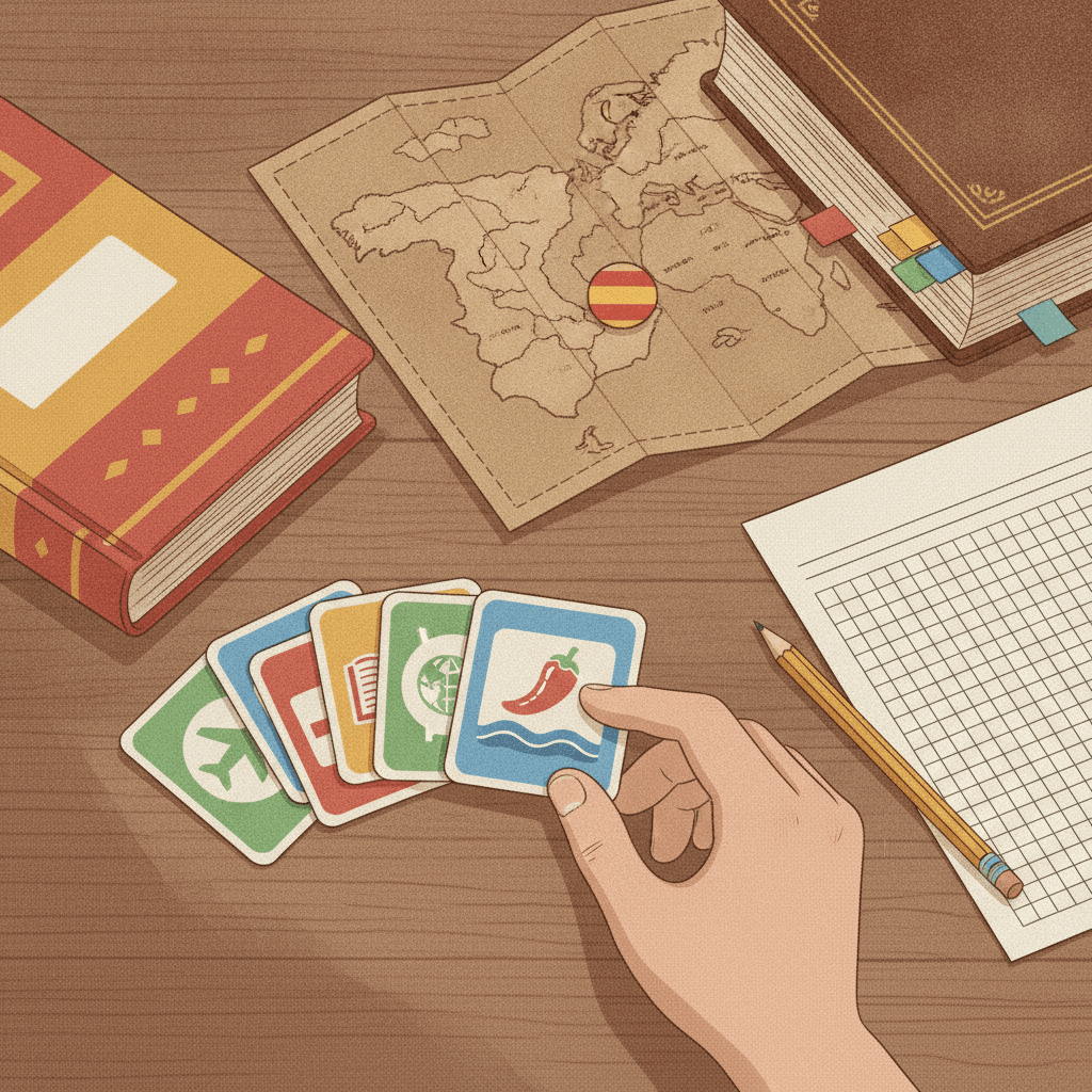 Ilustração editorial de materiais para estudar vocabulário em espanhol: fichas temáticas com ícones, livros em espanhol, mapa da Espanha/América Latina e folha de prova em branco.