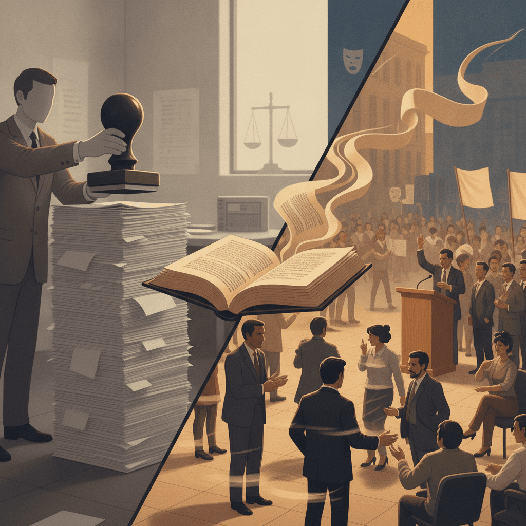 Ilustração editorial dividida: à esquerda escritório burocrático com carimbo e figura sem rosto; à direita praça pública com pessoas em ação; livro aberto ao centro ligando as cenas, referência a Hannah Arendt, banalidade do mal e vida ativa.