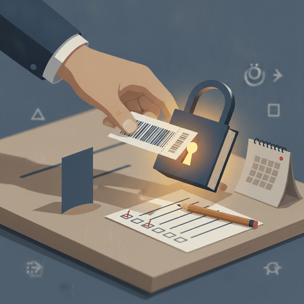Mão empurrando comprovante de pagamento abstrato em direção a um cadeado em forma de prova, calendário sem números com dia marcado e checklist, simbolizando desbloqueio da inscrição no Enem.