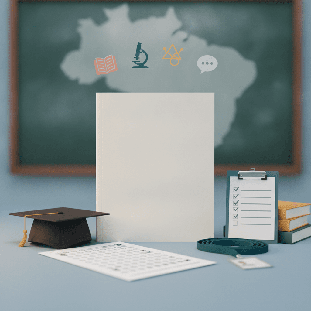 Ilustração editorial de um caderno de prova cercado por símbolos de docência (capelo, livros, prancheta) com quadro-negro e mapa do Brasil ao fundo.