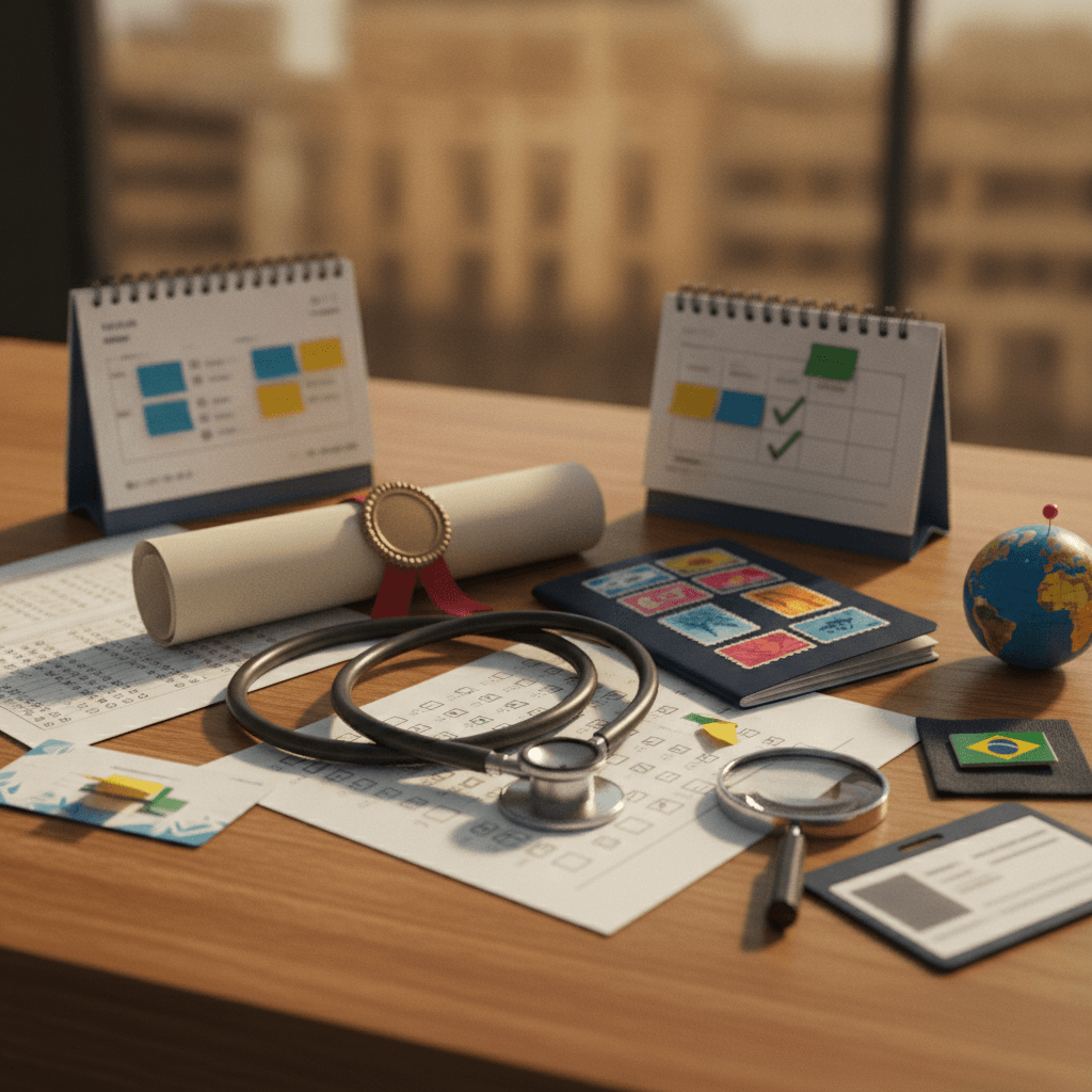 Ilustração editorial mostrando mesa com estetoscópio, diploma médico, passaporte com carimbos, calendário por blocos, lupa sobre checklist e pequeno globo, simbolizando prazos e documentos do Revalida.