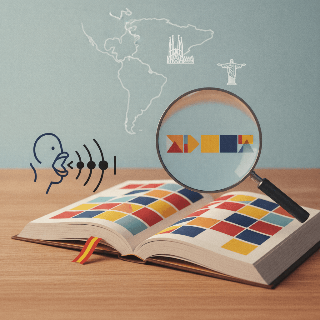Ilustração editorial de livro em espanhol com páginas em blocos que simbolizam sílabas, lupa ampliando a divisão, ondas sonoras e sinais rítmicos indicando tonicidade e pronúncia, mapa estilizado da Espanha e América do Sul.