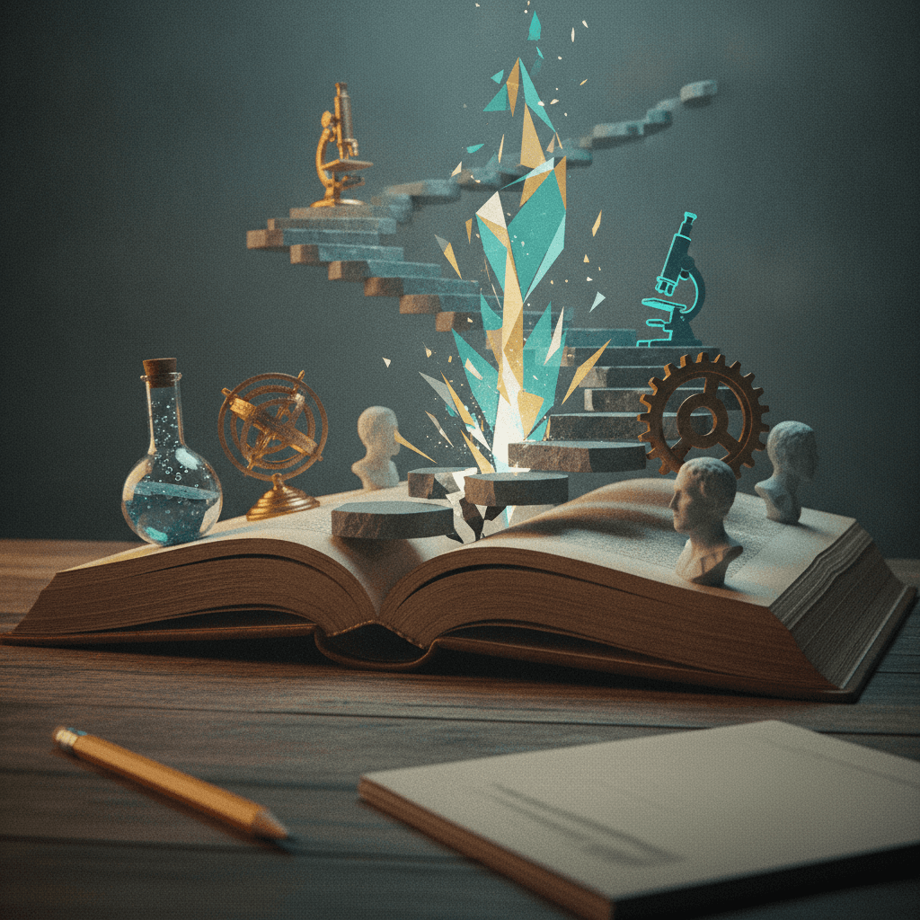 Ilustração editorial de um livro cujas páginas viram degraus com instrumentos científicos e bustos de pensadores; um degrau se rompe e uma forma luminosa surge, com um lápis e um caderno de prova em primeiro plano, sem palavras.