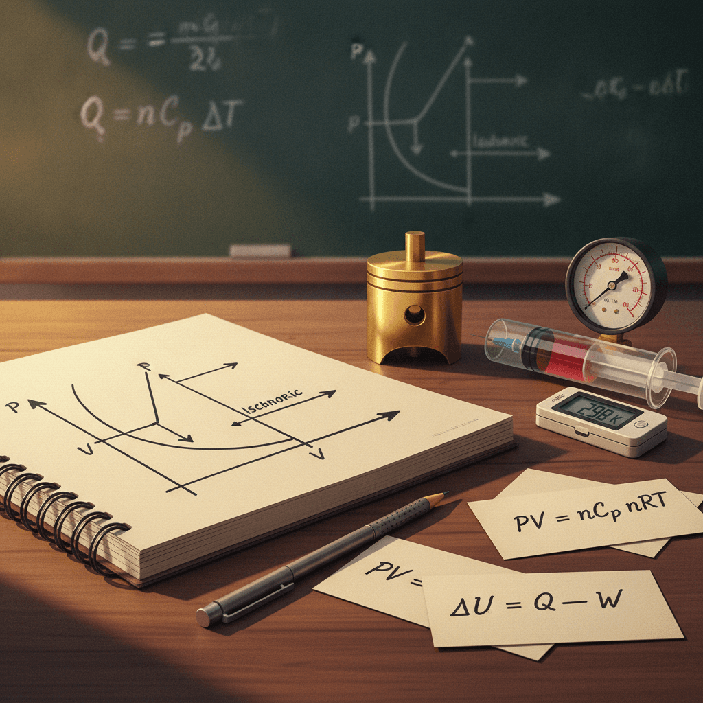Ilustração editorial de mesa de estudo com diagrama PV, fórmulas da termodinâmica (PV = nRT, ΔU = Q − W), pistão e instrumentos de medição.