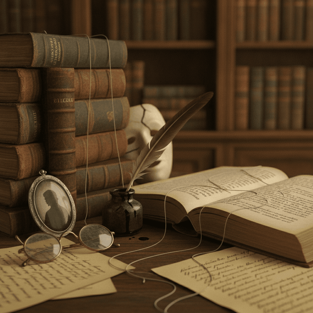 Still-life editorial com livros antigos, pena e tinteiro, óculos, máscara teatral e cordas de marionete sobre livro aberto, sugerindo narrador, ironia e crítica social em Machado de Assis.