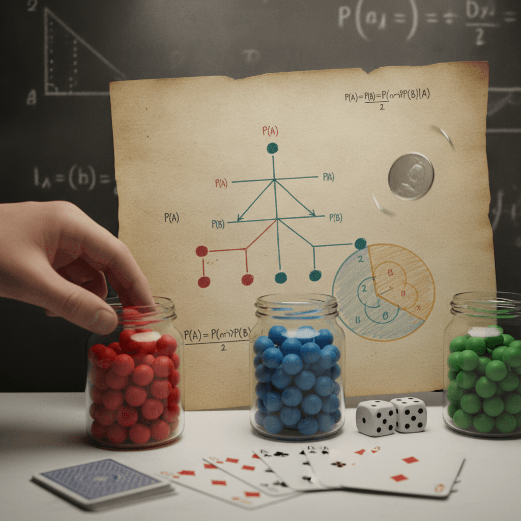 Ilustração editorial com frascos de bolas coloridas, dados, moeda, árvore de probabilidade e fórmulas (P(A|B), Bayes) simbolizando resolução de probabilidade para o ENEM.