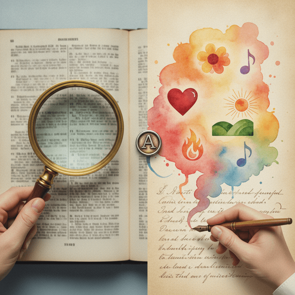 Ilustração editorial mostrando dicionário com lupa (denotação) e ícones metafóricos coloridos saindo de um manuscrito (conotação).