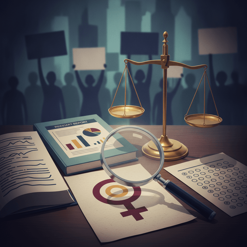 Ilustração editorial de mesa de estudo com lupa sobre símbolo feminino, balança, relatório com gráficos e silhuetas de protesto, representando violência de gênero e direitos das mulheres para ENEM.