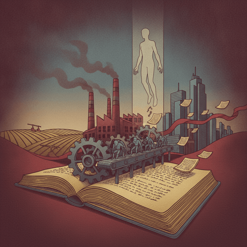 Ilustração editorial de um livro cujas páginas viram uma paisagem histórica-industrial, com engrenagens e uma figura translúcida separada da linha de produção, simbolizando alienação e materialismo histórico.