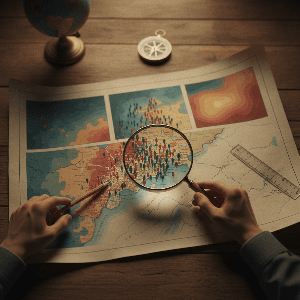 Ilustração editorial de mapas de densidade demográfica com lupa destacando área de alta concentração, três tipos de mapa (choropleth, pontos, heatmap), bússola e mãos apontando.