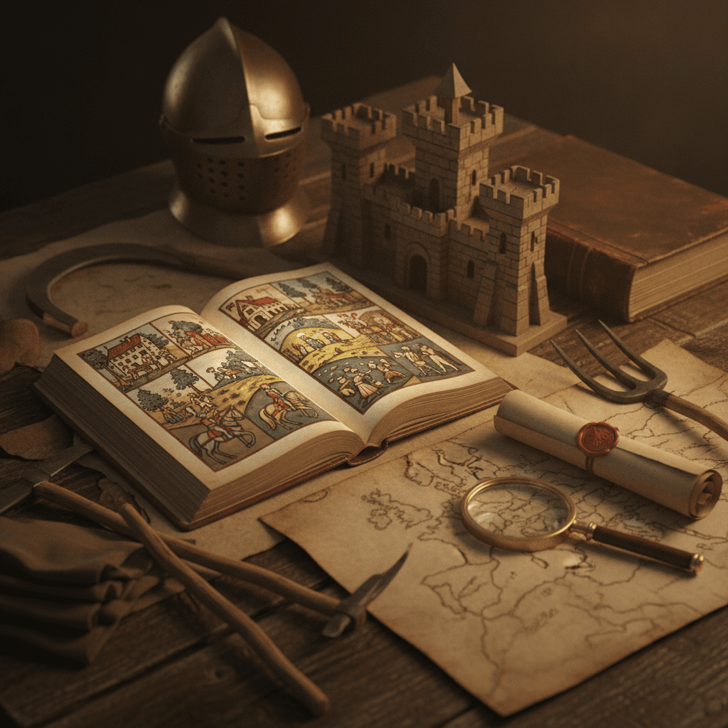 Ilustração editorial: manuscrito medieval aberto, modelo de castelo, ferramentas agrícolas e mapa antigo, em luz cinematográfica.