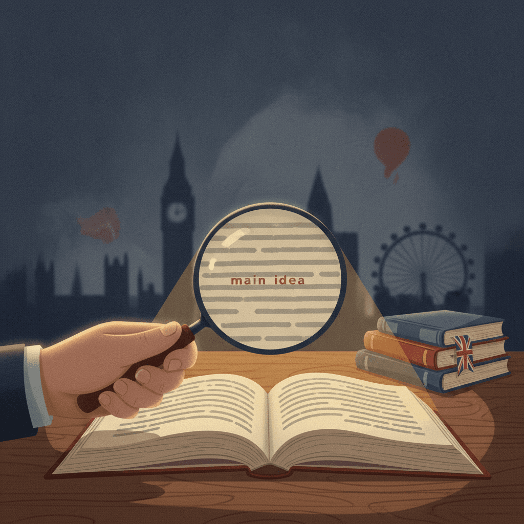 Ilustração editorial de livro aberto com lupa destacando uma linha, bandeiras e silhueta de Londres ao fundo.