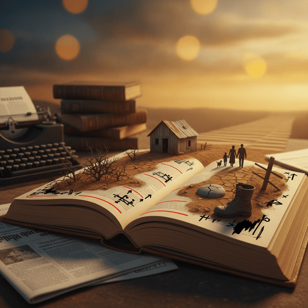 Livro aberto cujas páginas se transformam em uma paisagem do sertão com família e cachorro ao fundo, anotações editoriais sem palavras e objetos literários ao redor.