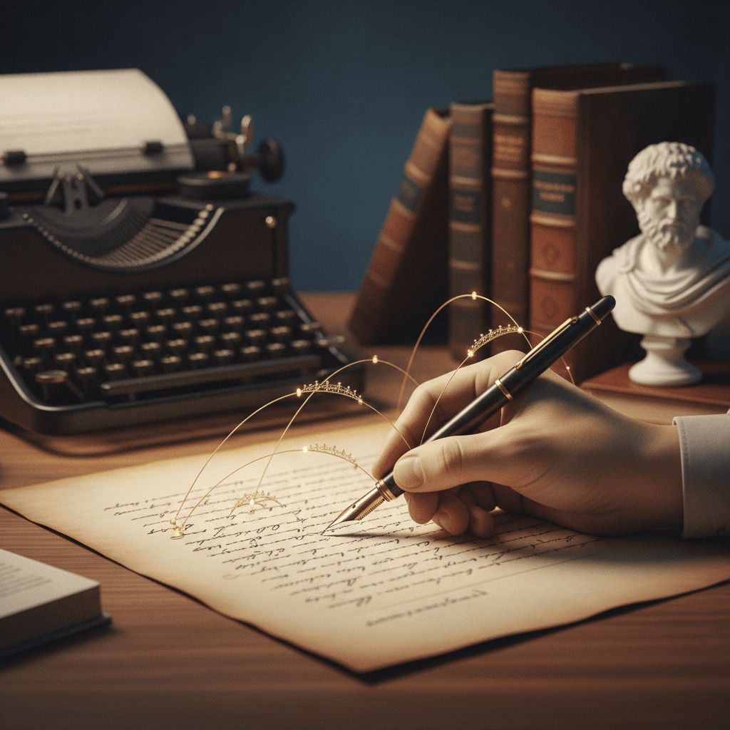 Caneta tinteiro escrevendo em manuscrito, máquina de escrever e livros empilhados conectados por fios dourados que simbolizam regência verbal e nominal.