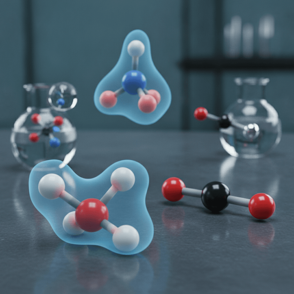 Ilustração editorial de modelos moleculares 3D com nuvens eletrônicas coloridas indicando polos, comparando moléculas polares e apolares sobre bancada de laboratório.