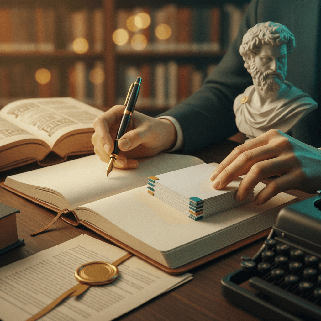 Mãos escrevendo em caderno com fichas de repertório e livros, busto clássico desfocado ao fundo.