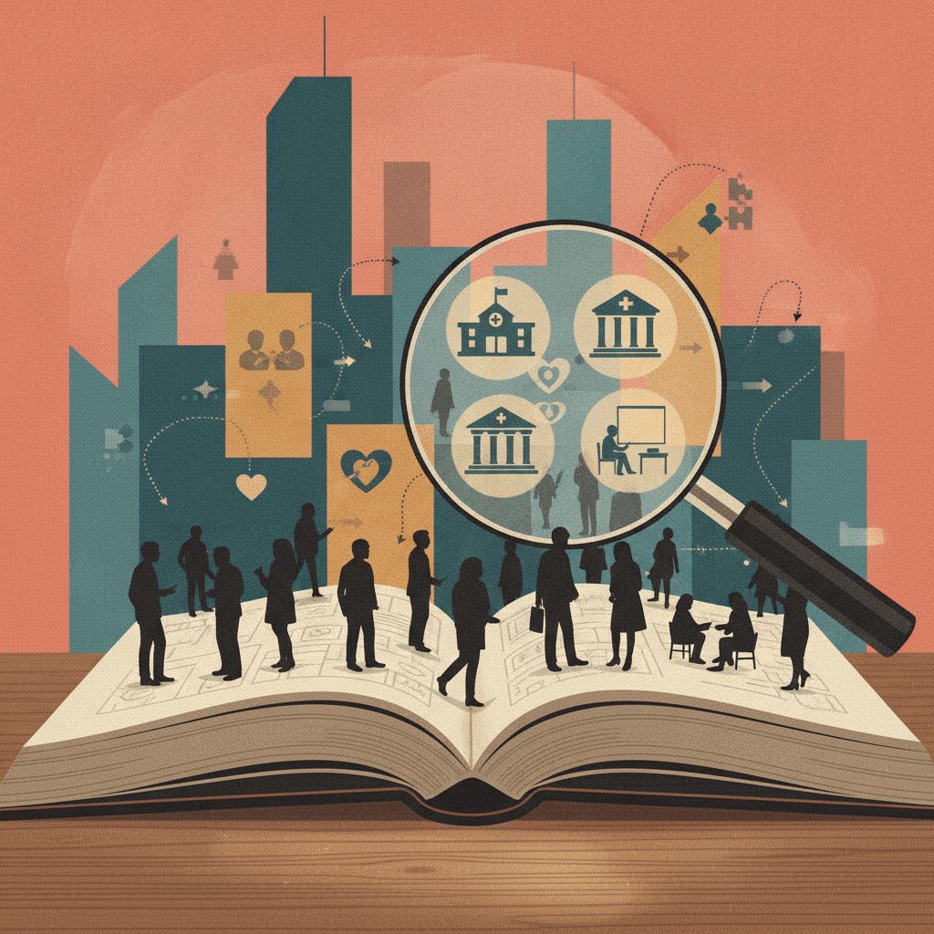 Ilustração editorial de um livro com lupa destacando instituições sociais visíveis e formas translúcidas ao fundo representando funções latentes.
