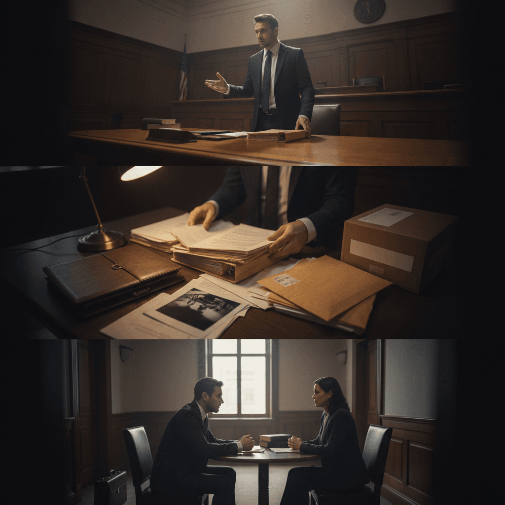 Imagem editorial em três cenas mostrando advogado criminalista no tribunal, mãos folheando processos e consulta com cliente, ambiente realista e profissional.
