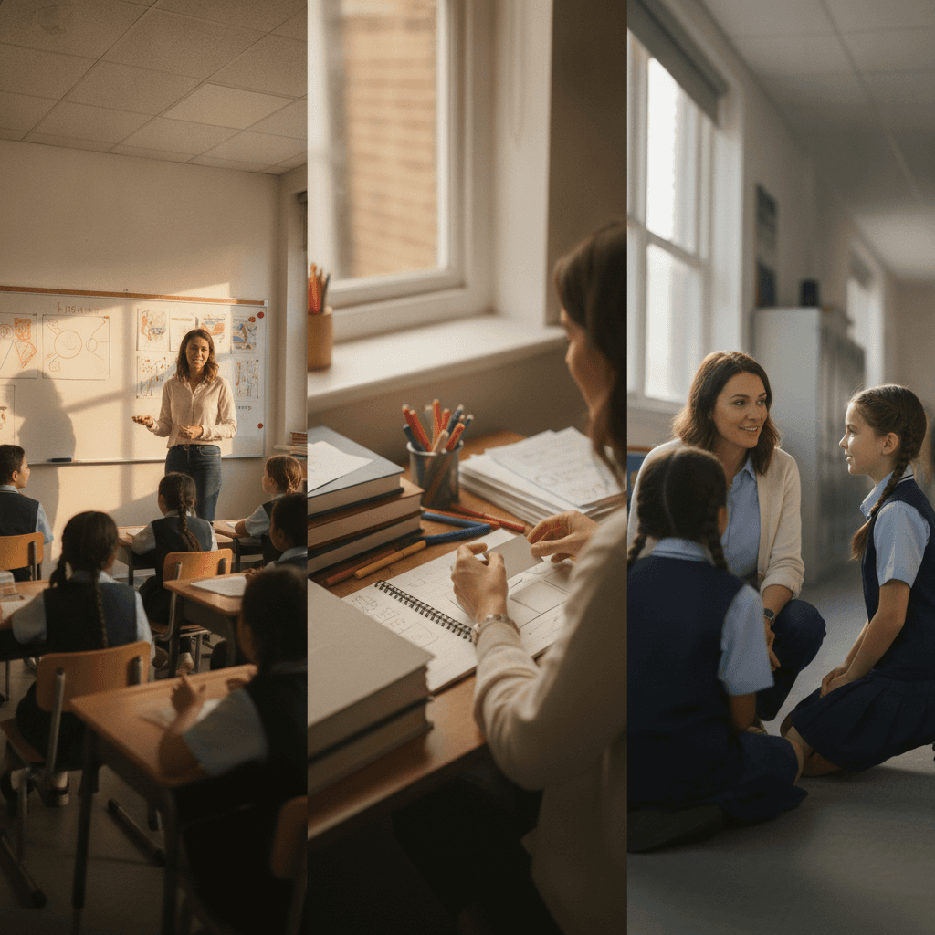 Três vignetas reais mostrando rotina de educador: ensinando em sala, preparando aulas e orientando aluno, em ambiente escolar.