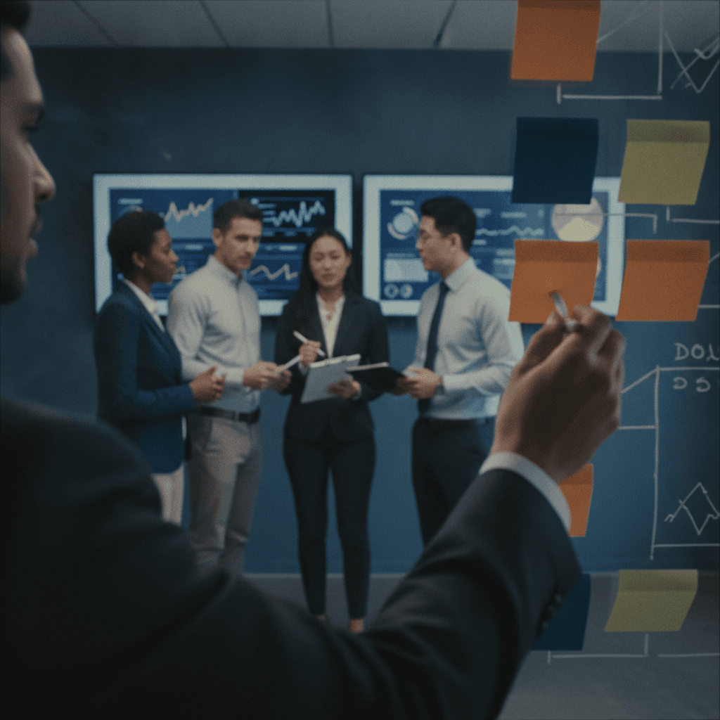 Equipe diversa em pé colaborando diante de uma parede de vidro com post-its e quadros, transmitindo coordenação e desenvolvimento de pessoas.