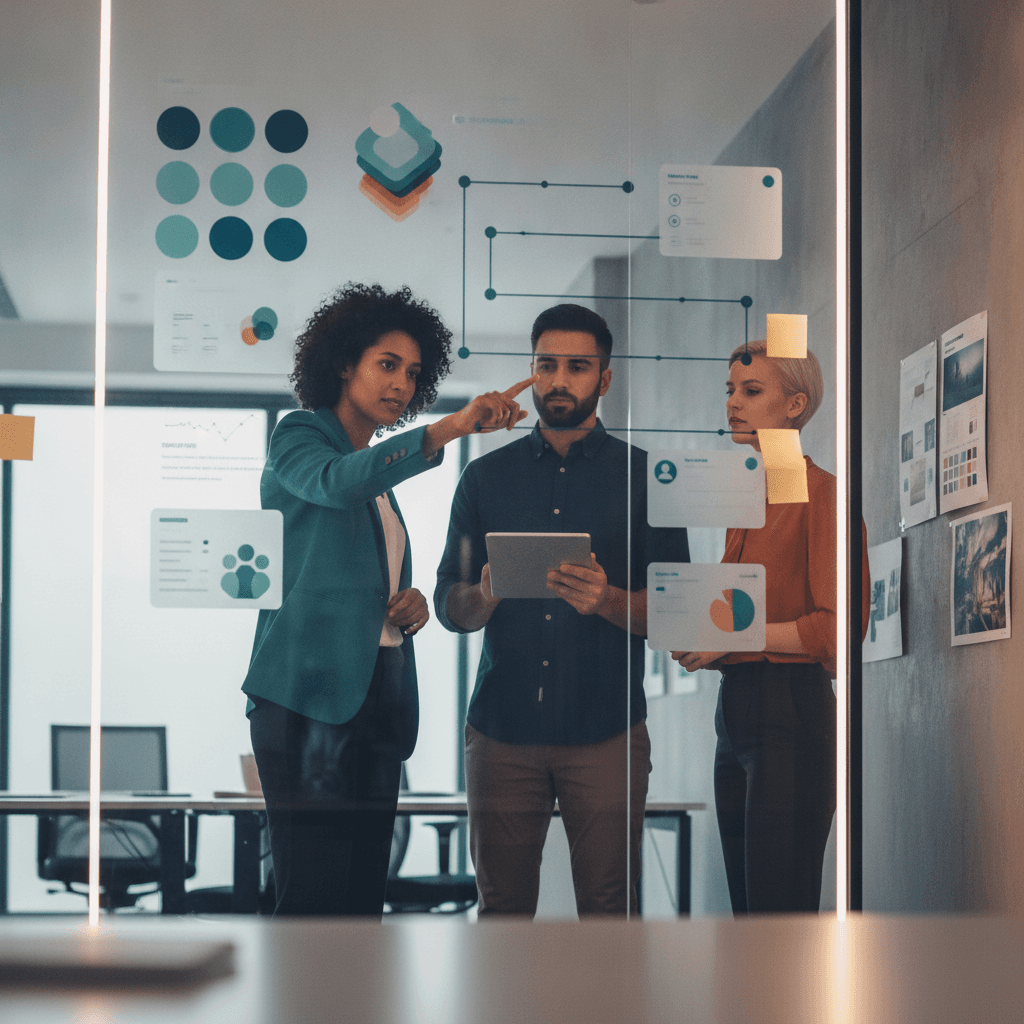 Equipe de marketing em pé diante de painel translúcido com gráficos, clusters de segmentação e fluxo de automação de CRM, simbolizando fidelização por dados e automação.
