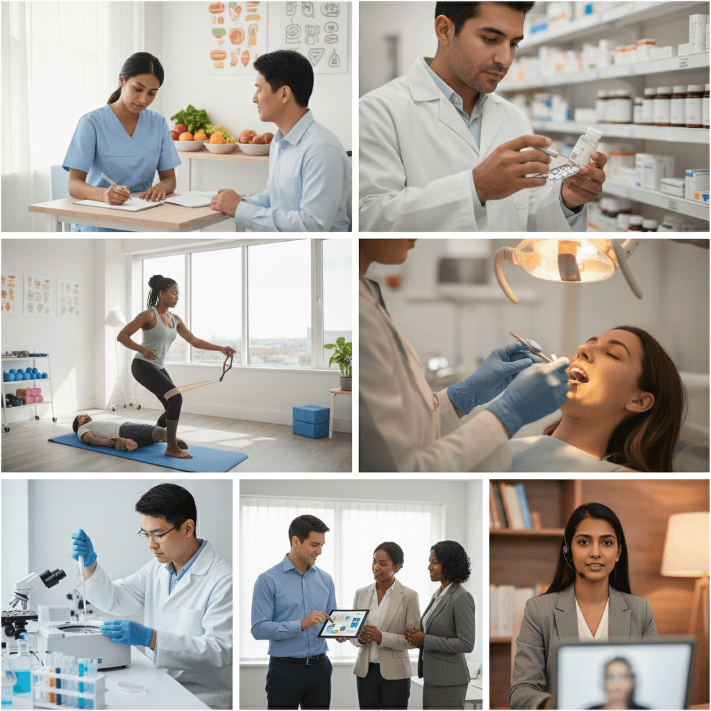 Montagem com sete profissionais da saúde em ambientes de trabalho diurno e previsível, representando carreiras sem plantão.