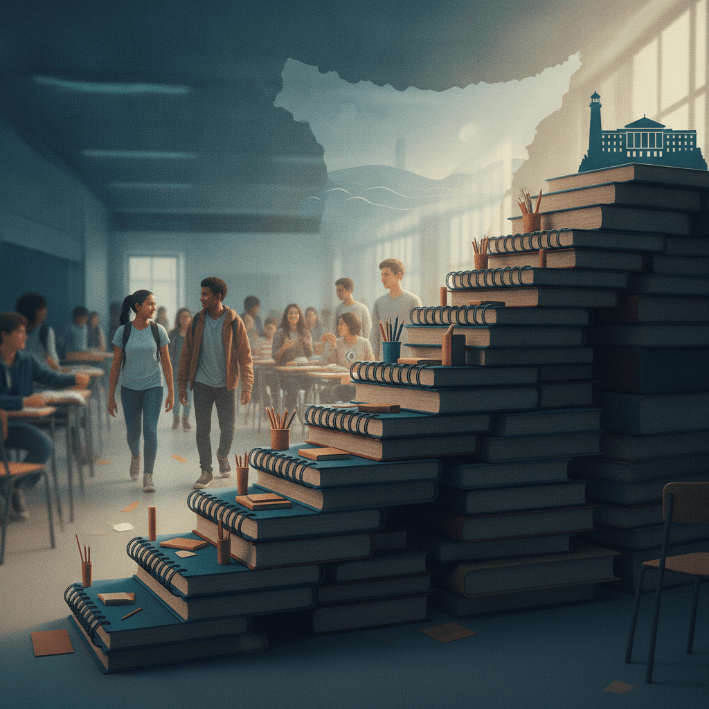 Ilustração editorial de estudantes do ensino médio em Santa Catarina subindo uma escadaria de livros rumo a uma silhueta do estado e de uma universidade, simbolizando menor abandono e o caminho ao Enem.