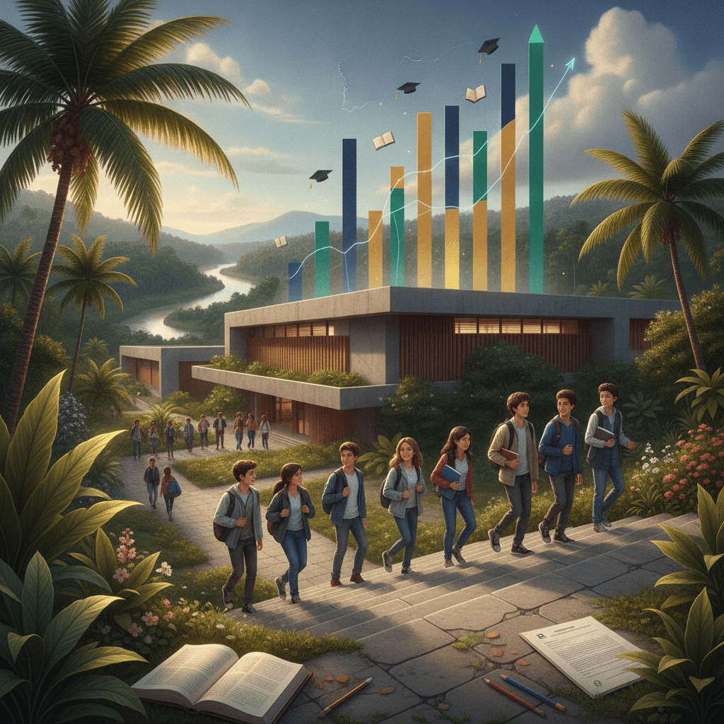 Ilustração editorial de escola pública em Rondônia com estudantes subindo escadas e um gráfico abstrato ascendente ao fundo, simbolizando avanços no ensino médio.