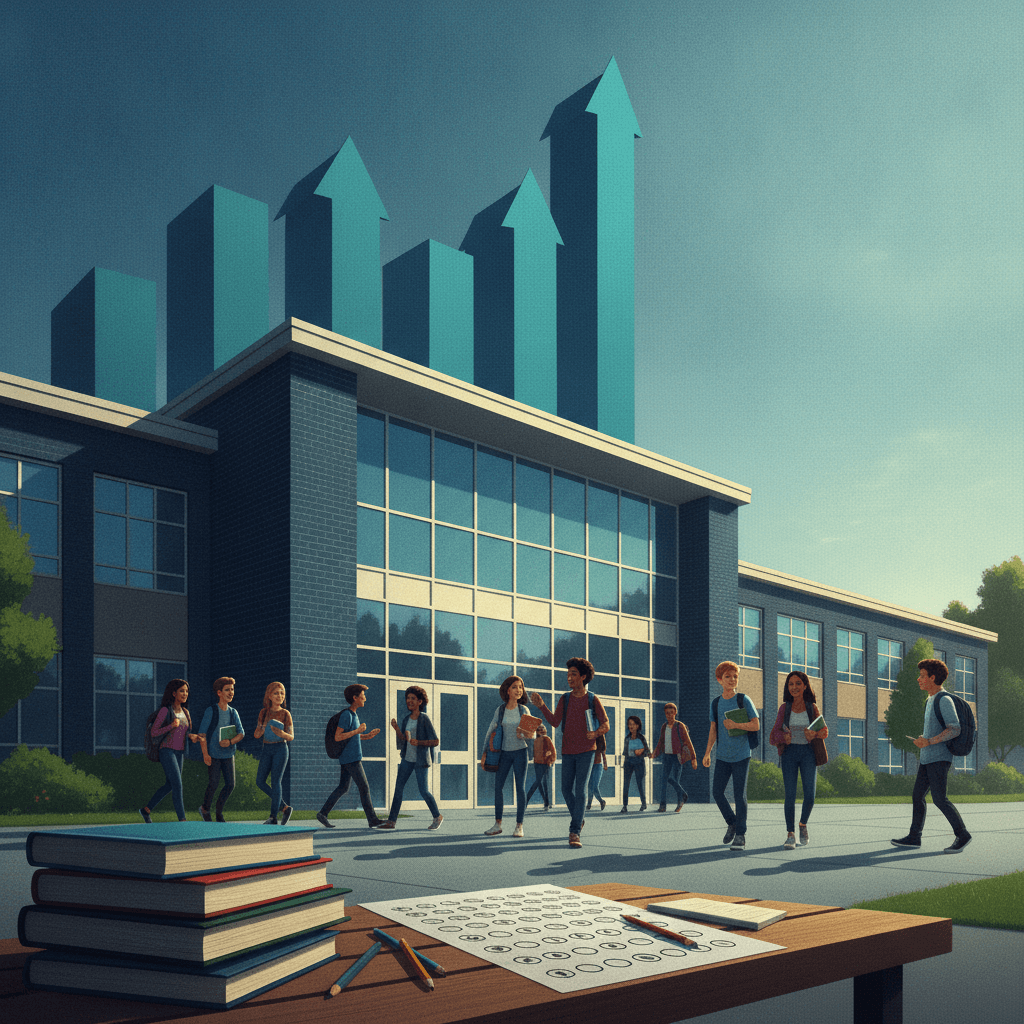 Ilustração editorial de escola pública com gráficos ascendentes integrados e jovens entrando, simbolizando melhora no ensino médio e preparação para o Enem.