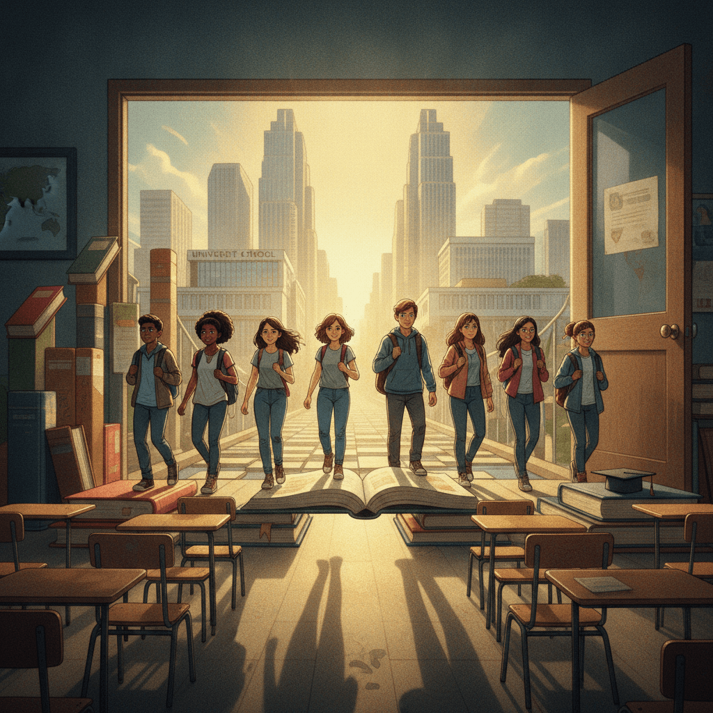 Ilustração editorial de jovens atravessando ponte de livros da escola ao horizonte universitário, simbolizando queda do abandono e mais oportunidades para o ENEM.
