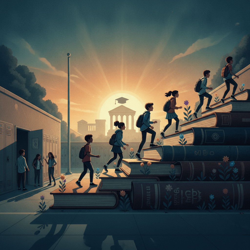 Ilustração editorial de estudantes subindo degraus feitos de livros rumo a um campus universitário, simbolizando menor abandono e mais acesso ao ensino superior.