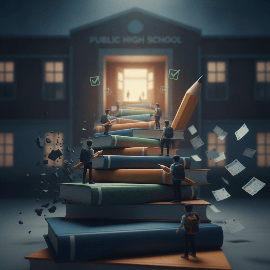Escadaria de livros levando a escola, com alunos subindo e símbolos de queda da evasão e atraso, sem texto.