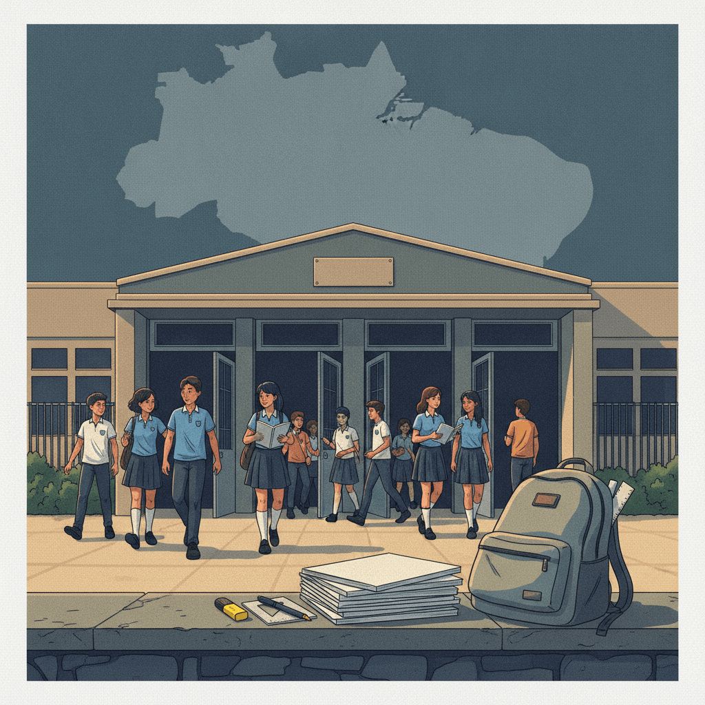 Ilustração editorial de escola pública com mais estudantes entrando e materiais de estudo em primeiro plano, simbolizando queda do abandono e impacto na preparação para o Enem.