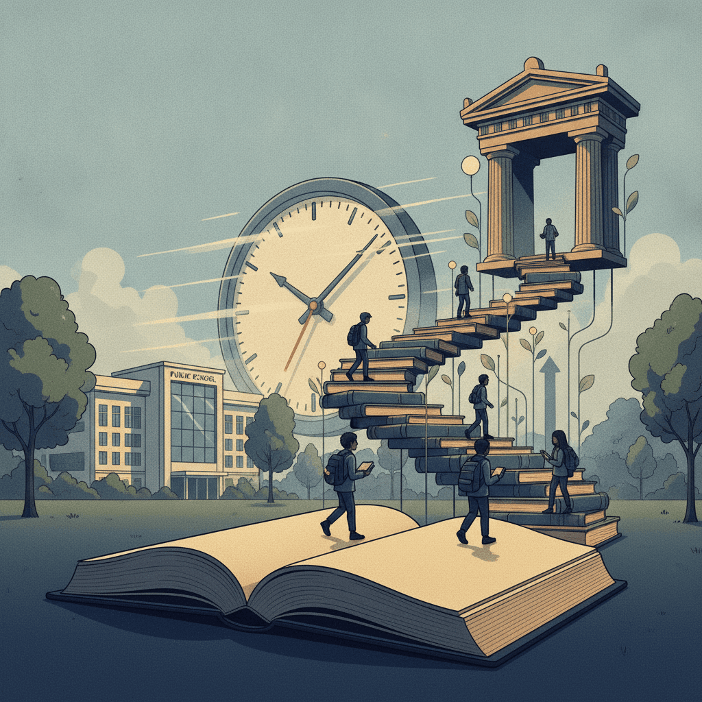 Ilustração editorial de escola pública com livros formando uma escada rumo a um portal simbólico de vestibular, relógio indicando mais tempo e pilares crescentes representando ganho educacional.
